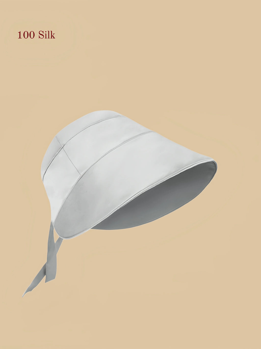 Gray mulberry silk outdoor sun hat on mannequin with a wide brim and back tie detail.