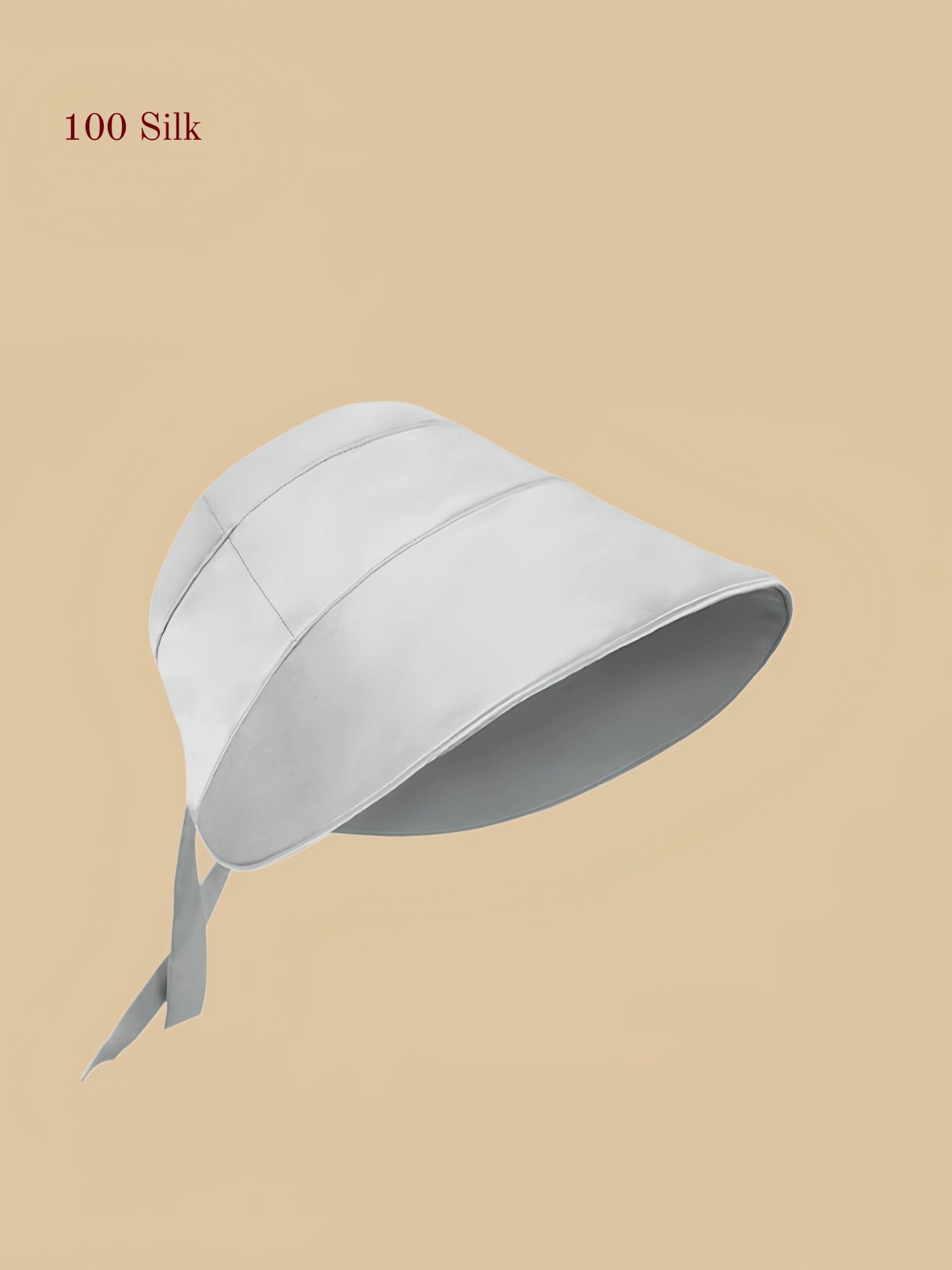 Gray mulberry silk outdoor sun hat on mannequin with a wide brim and back tie detail.