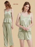 Sage green 19MM silk lounge trio set with drawstring cami, shorts, and relaxed long pants.