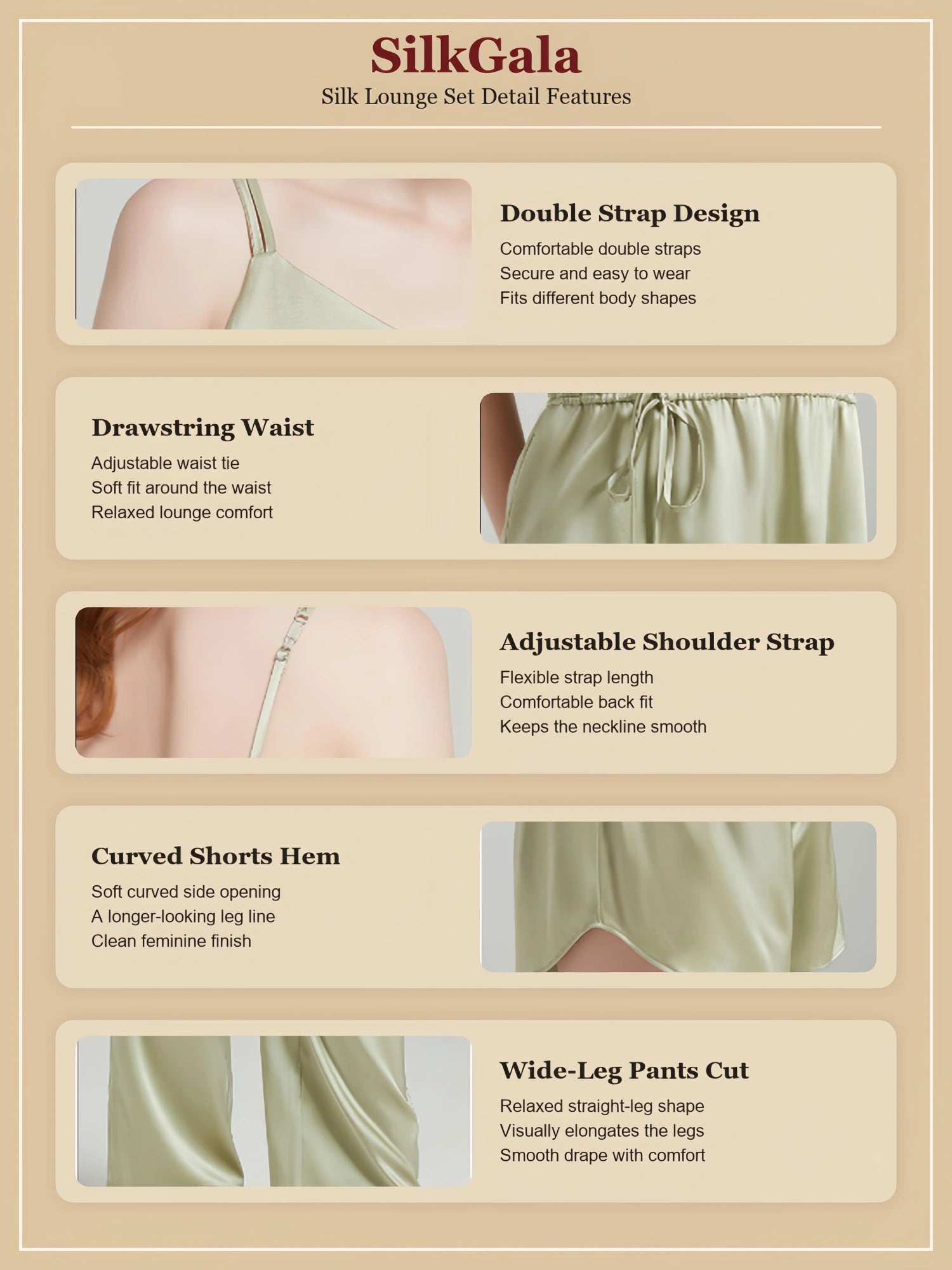 SilkGala silk lounge set detail image showing double straps, drawstring waist, adjustable shoulder strap, curved shorts hem, and wide-leg pants cut.