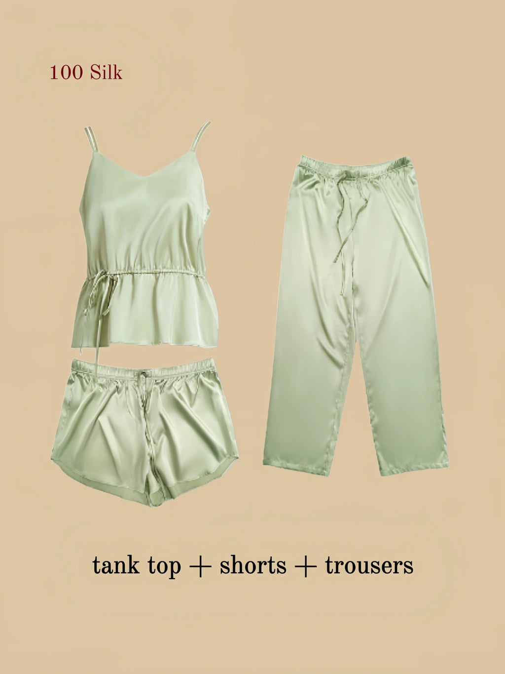 Flat lay of sage green silk three-piece set showing cami top, curved shorts, and wide-leg trousers.