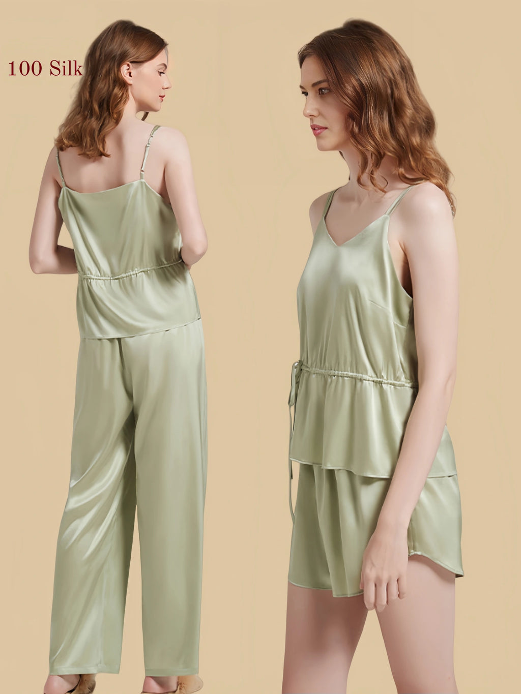 Back and side view of sage green silk cami set showing adjustable straps, drawstring waist, and long pants.
