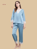 Sky blue 19mm Pullover Pajamas front view with V-neck lace inset and cropped straight-leg pants