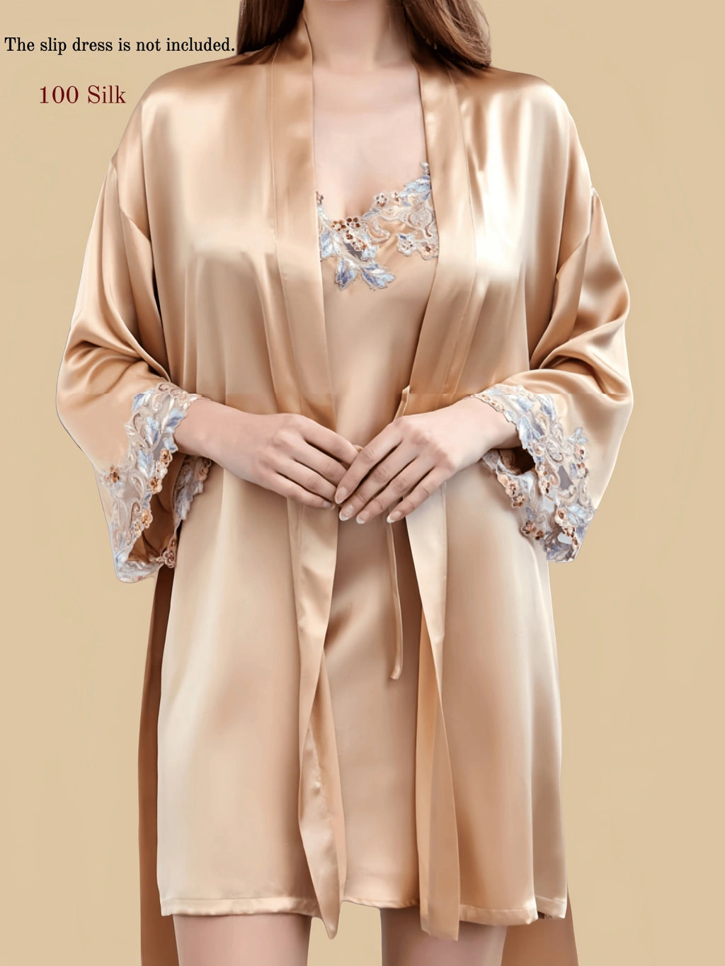 19mm Floral Silk Short Robe | Embroidered Cuffs Tie Waist