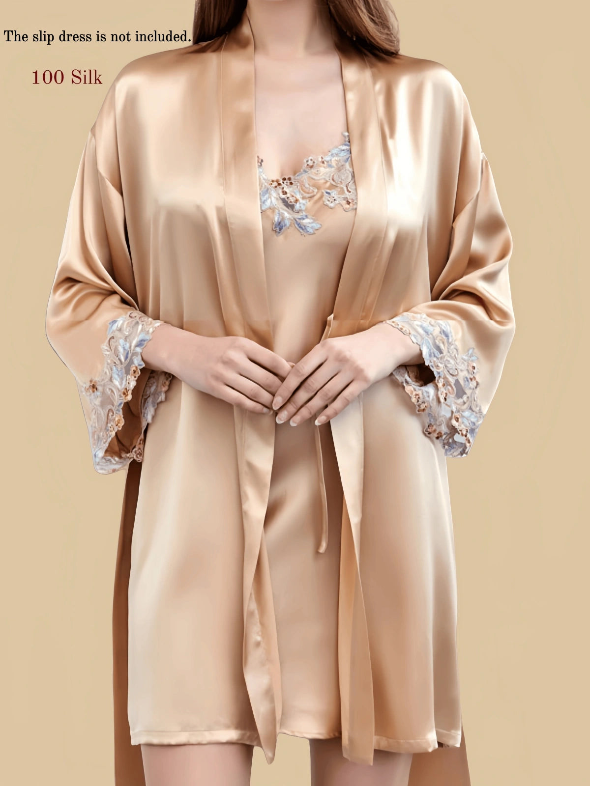 19mm Floral Silk Short Robe | Embroidered Cuffs Tie Waist