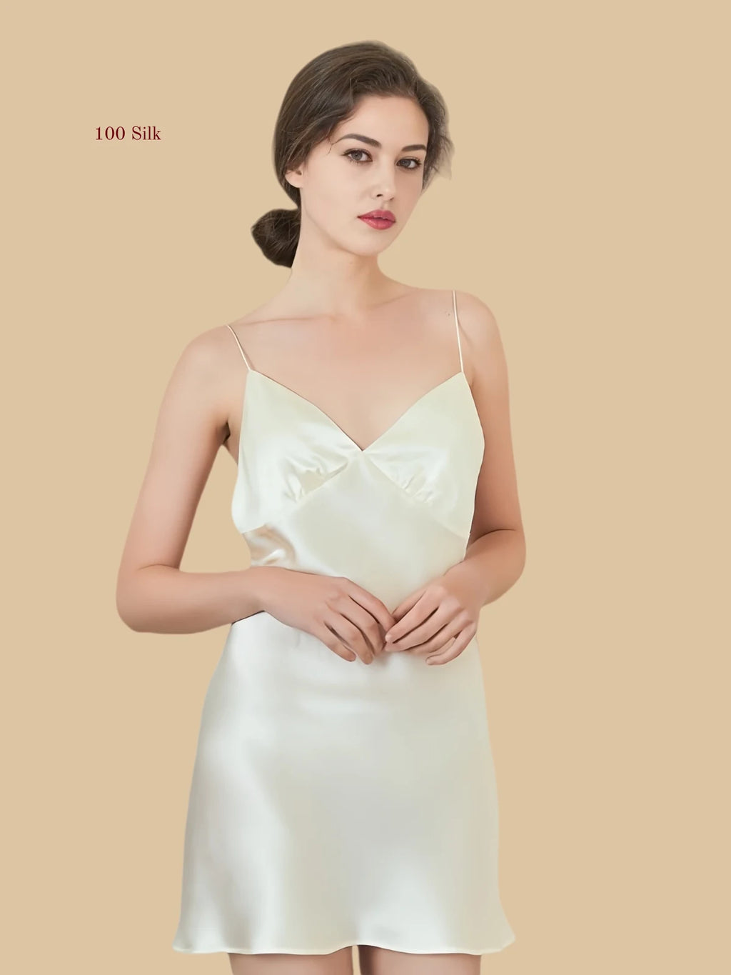 off-white 19mm silk slip front view with slim straps and clean V-shaped upper line