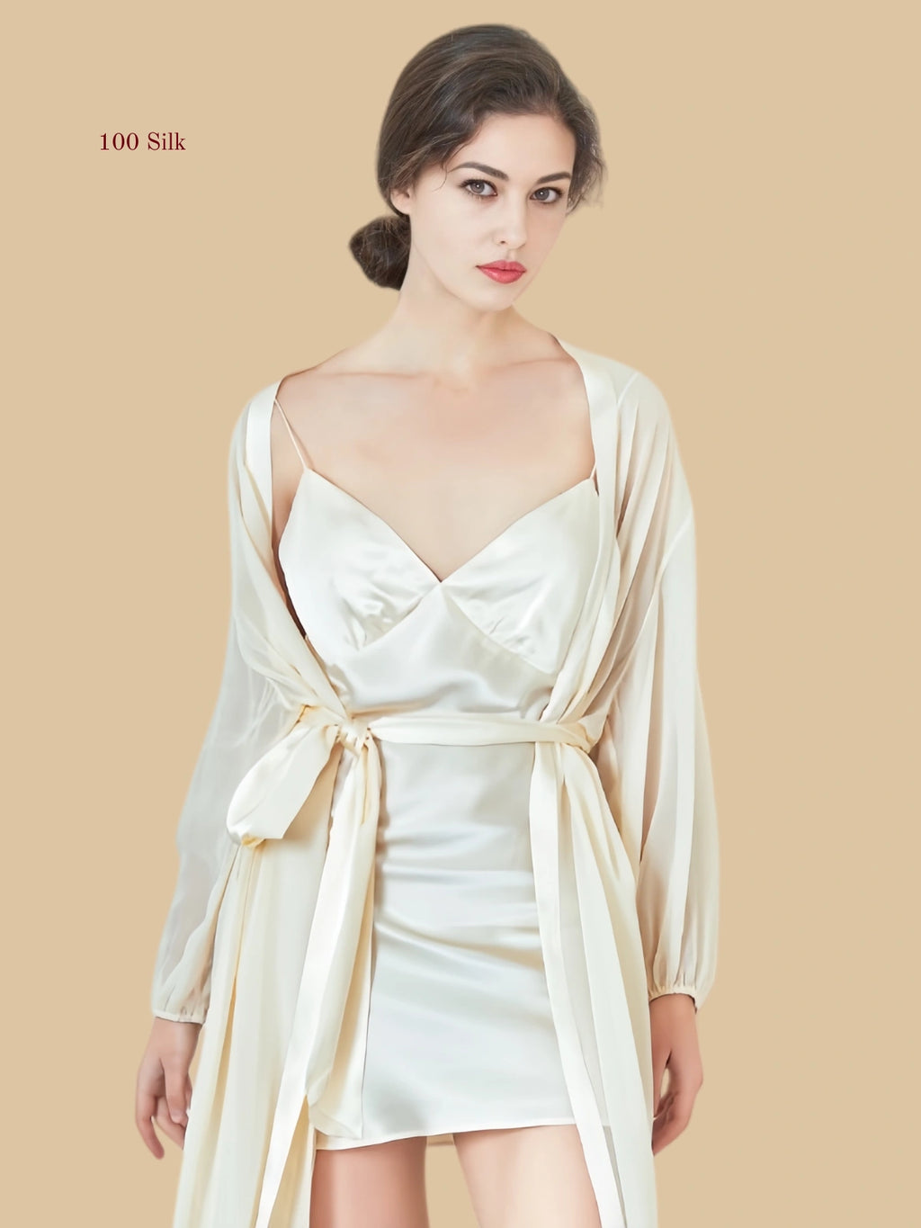 off-white 19mm silk georgette robe set front view with sheer robe and short slip