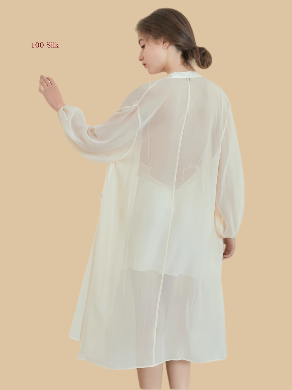 off-white 19mm silk georgette robe back view with sheer long layer and balloon sleeves