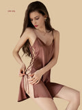 Front view of 19mm silk lace-up mini slip dress with double side slits in Caramel Red