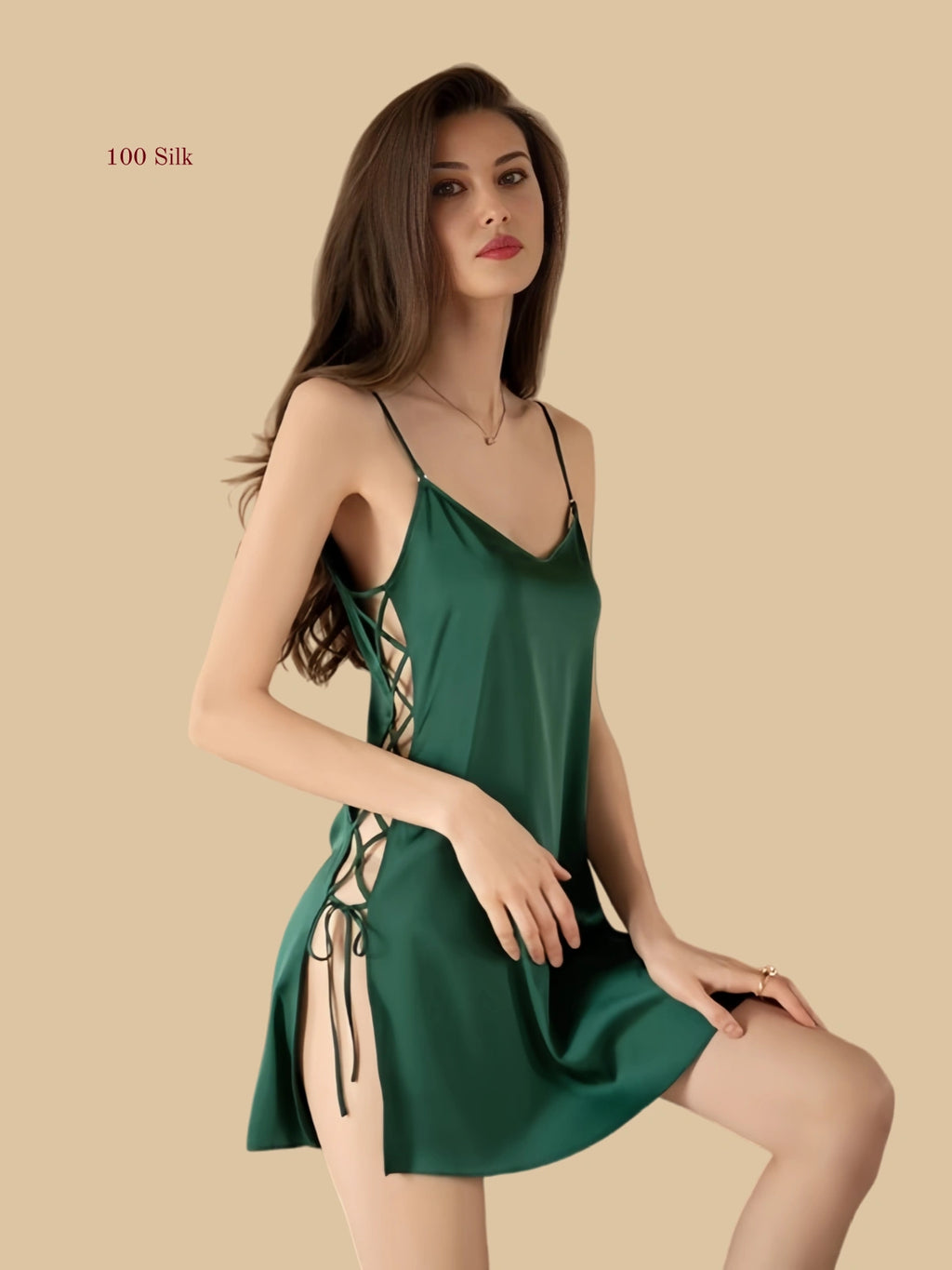 Front view of 19mm silk lace-up mini slip dress with double side slits in green