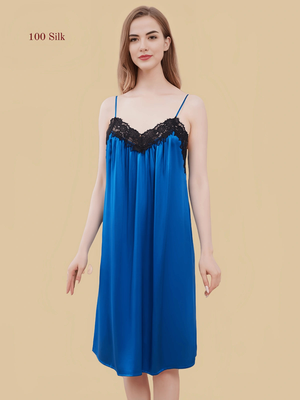 Blue 19mm silk slip front view with black lace neckline and slim straps