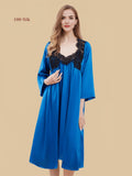 Blue 19mm silk two-layer set front view with scalloped black lace V bodice and long outer gown