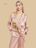 Pink 19mm wrap pajama set front view with shawl collar and self-tie waist