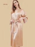 Golden brown 19mm silk kimono robe front view with wrap tie and lace-trim cuffs