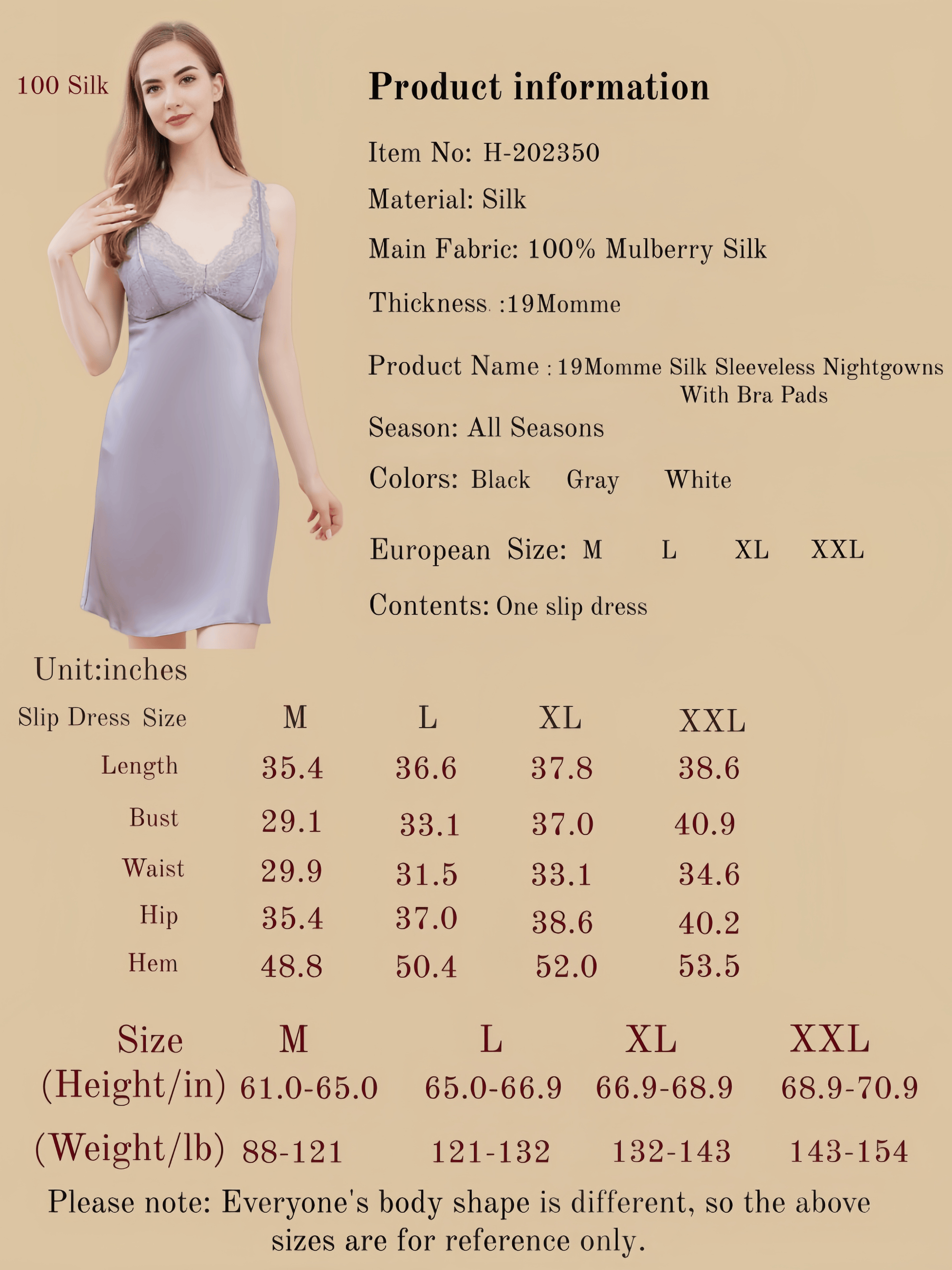 19Momme Silk Sleeveless Nightgowns With Bra Pads