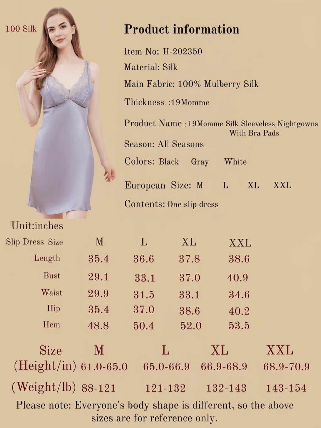 19Momme Silk Sleeveless Nightgowns With Bra Pads