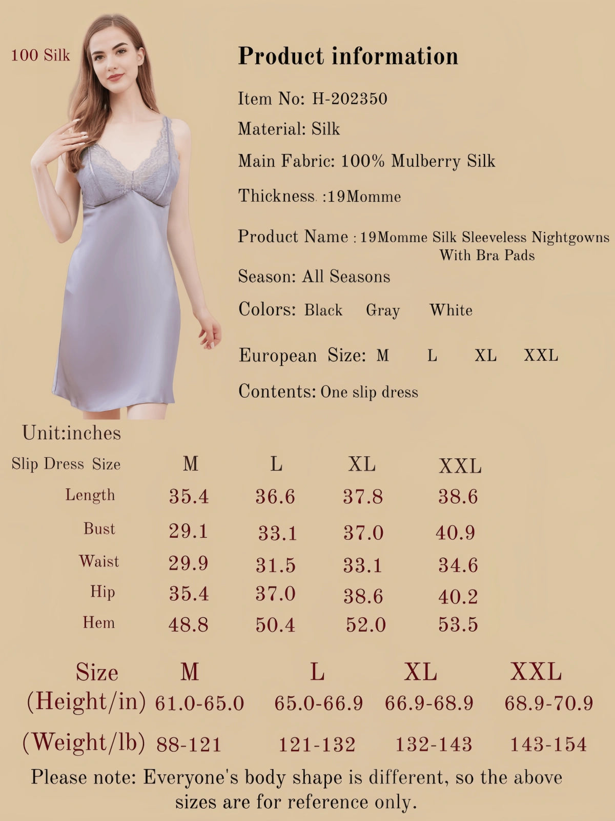 19Momme Silk Sleeveless Nightgowns With Bra Pads