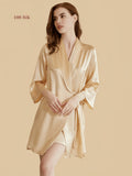 Gold 19mm short silk robe set front view with lace-trim V-neck slip and matching wrap robe