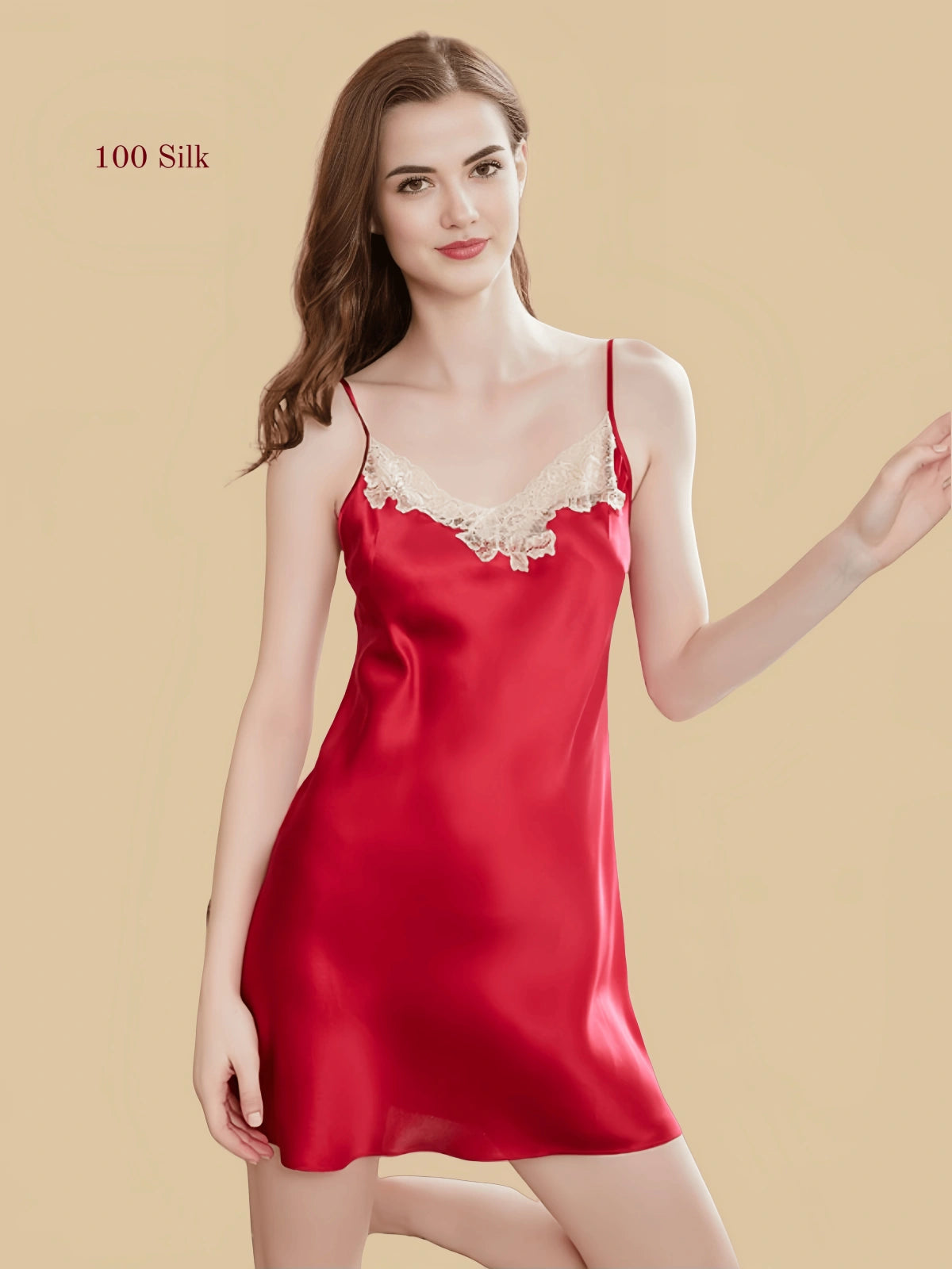 red 19mm silk slip front view with slim straps and lace-trim neckline