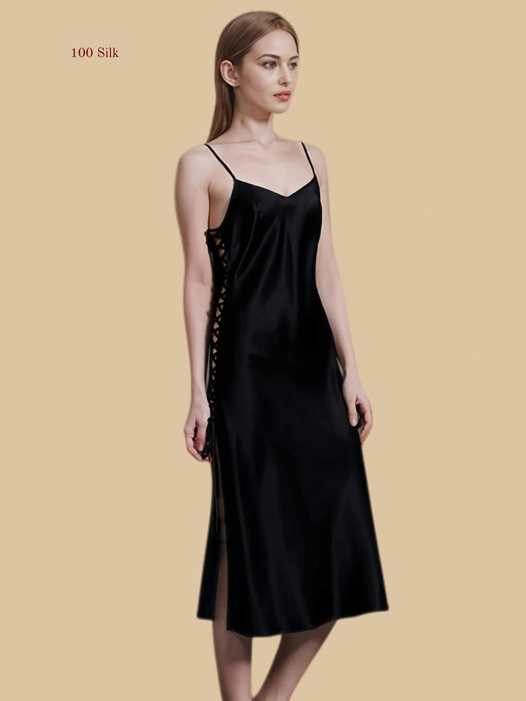 front view of 19mm silk side lace-up slip dress in black.