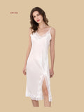 19mm silk midi dress with lace V-neck front view