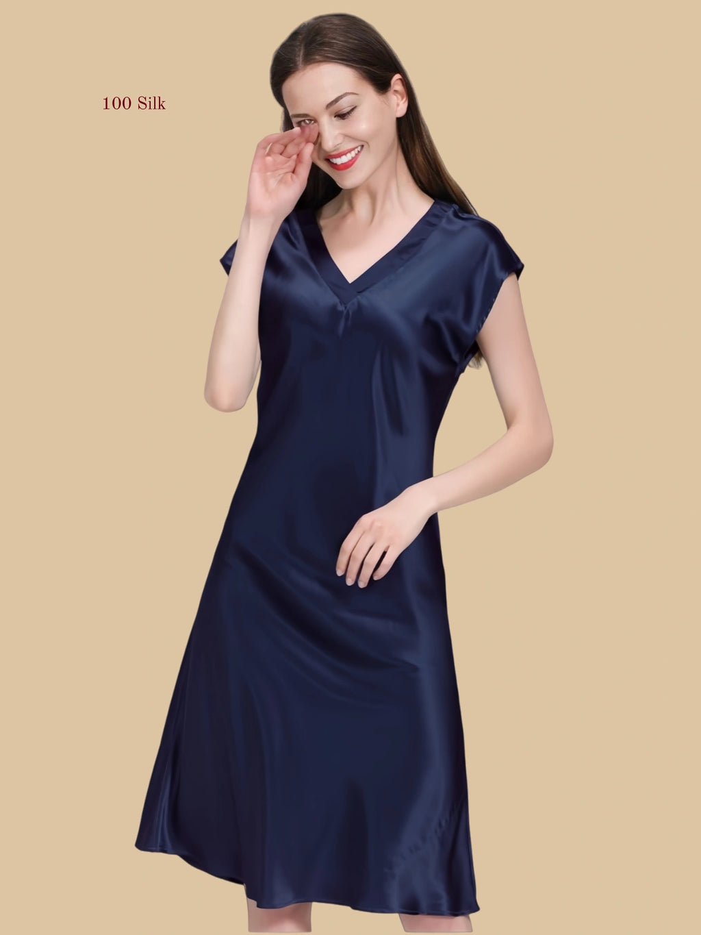 Navy 19mm V-neck silk lounge dress front view with cap sleeves and midi drape