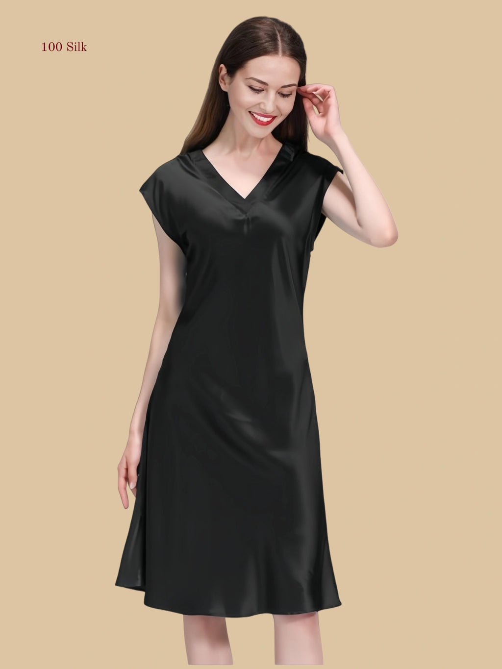 black 19mm V-neck silk lounge dress front view with cap sleeves and midi drape