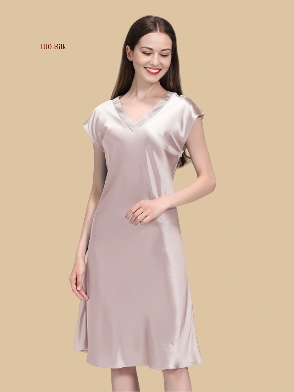 pink 19mm V-neck silk lounge dress front view with cap sleeves and midi drape