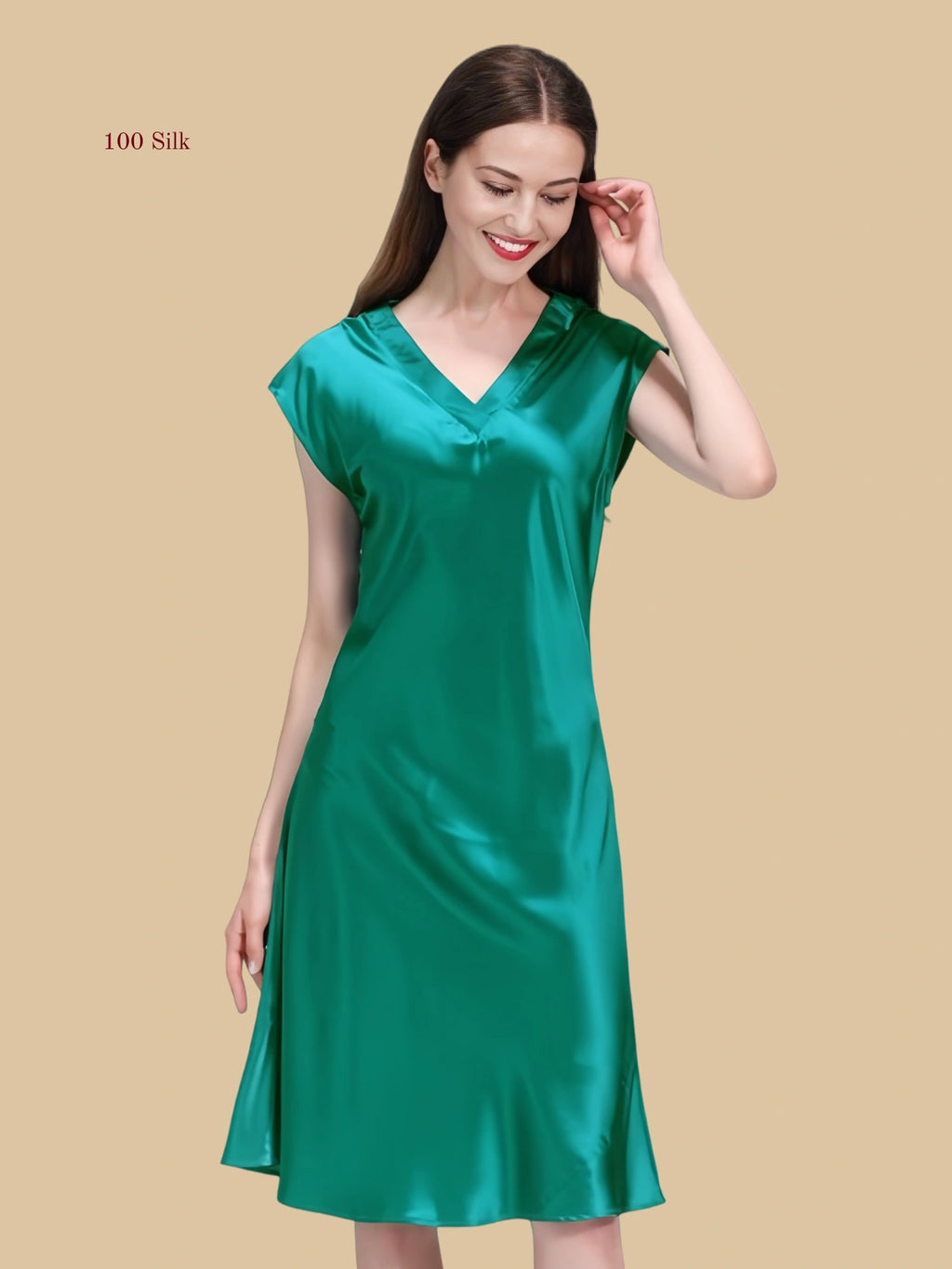 green 19mm V-neck silk lounge dress front view with cap sleeves and midi drape