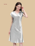 Silver grey 19mm V-neck silk lounge dress front view with cap sleeves and midi drape