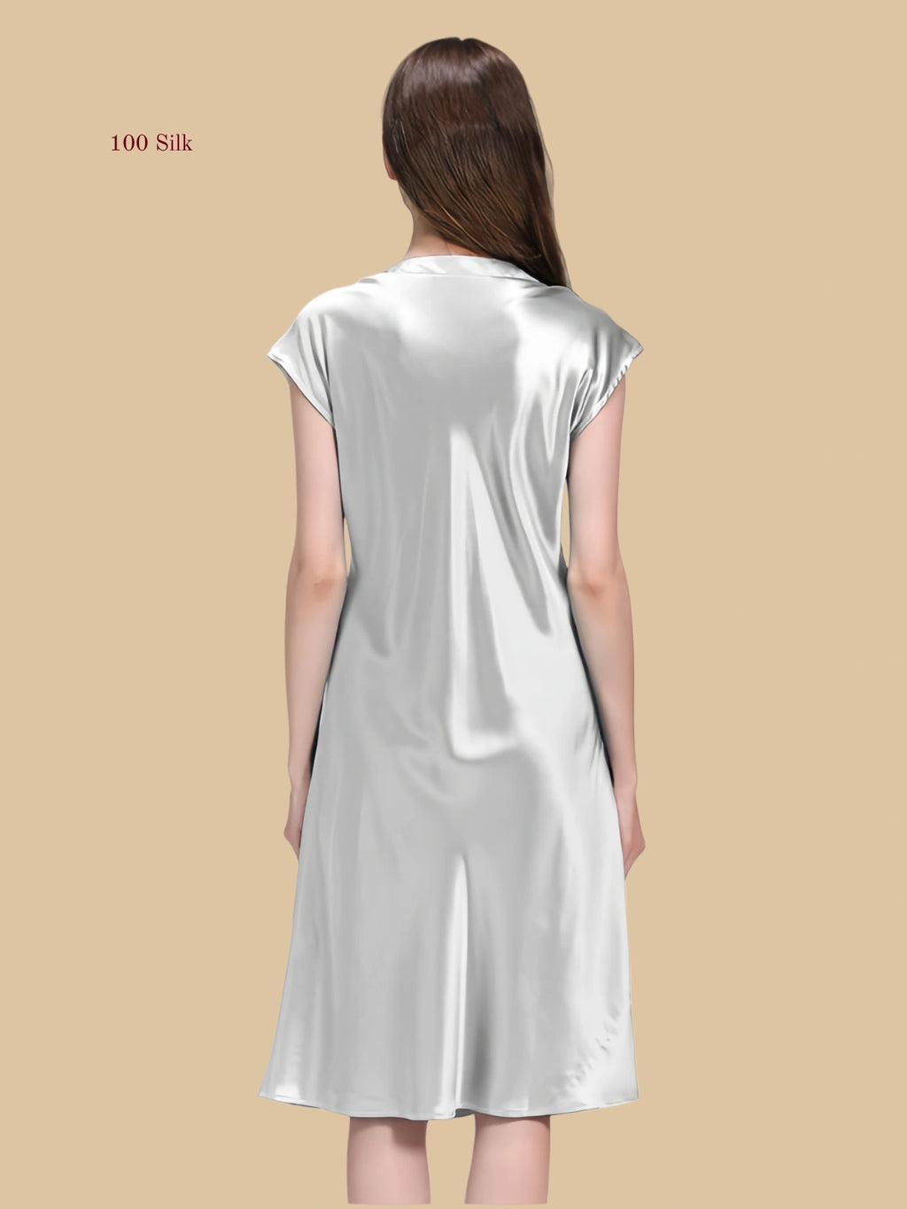 Silver grey 19mm V-neck silk lounge dress back view with clean smooth silhouette