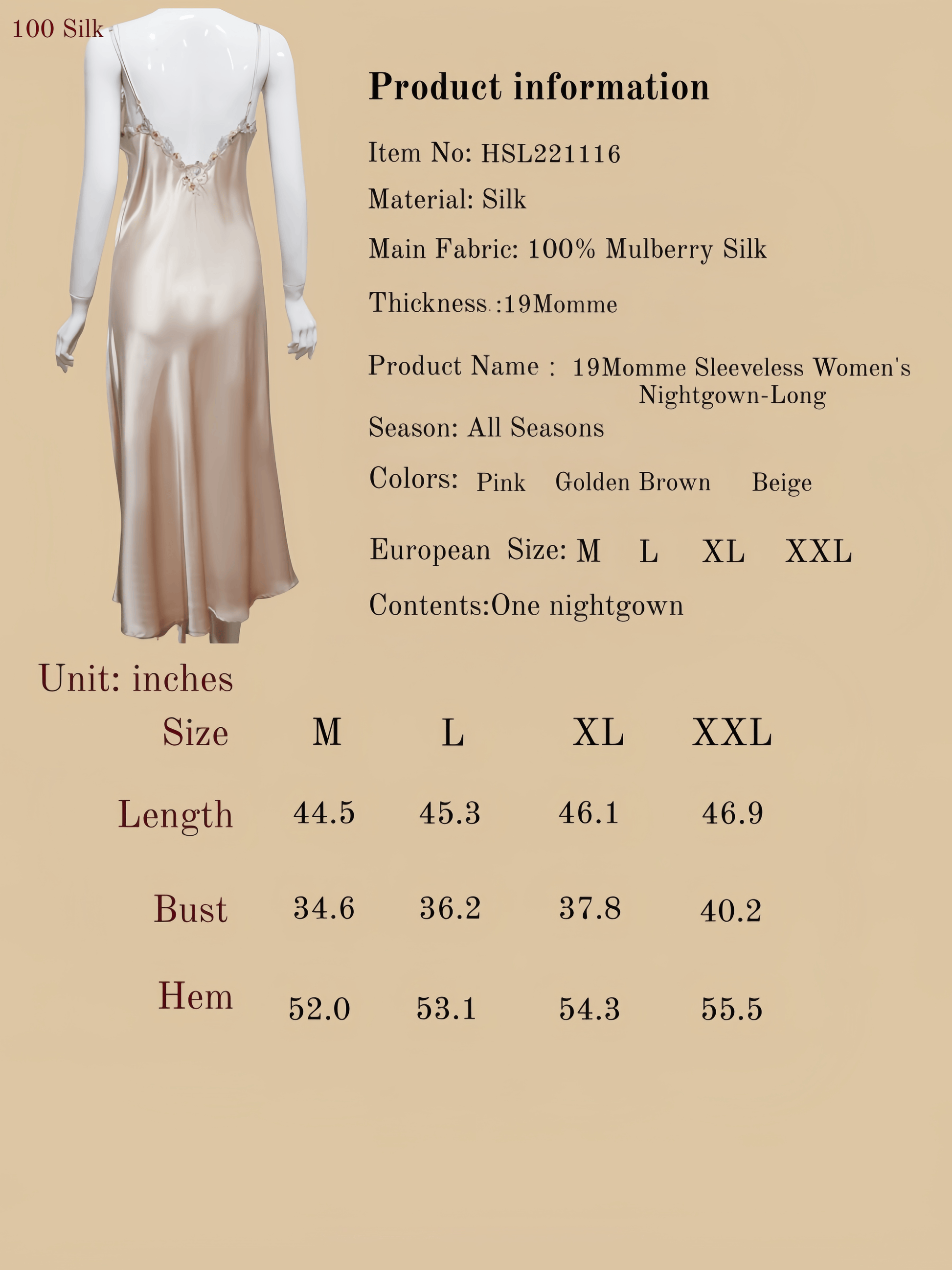 19Momme Sleeveless Women's Nightgown-Long