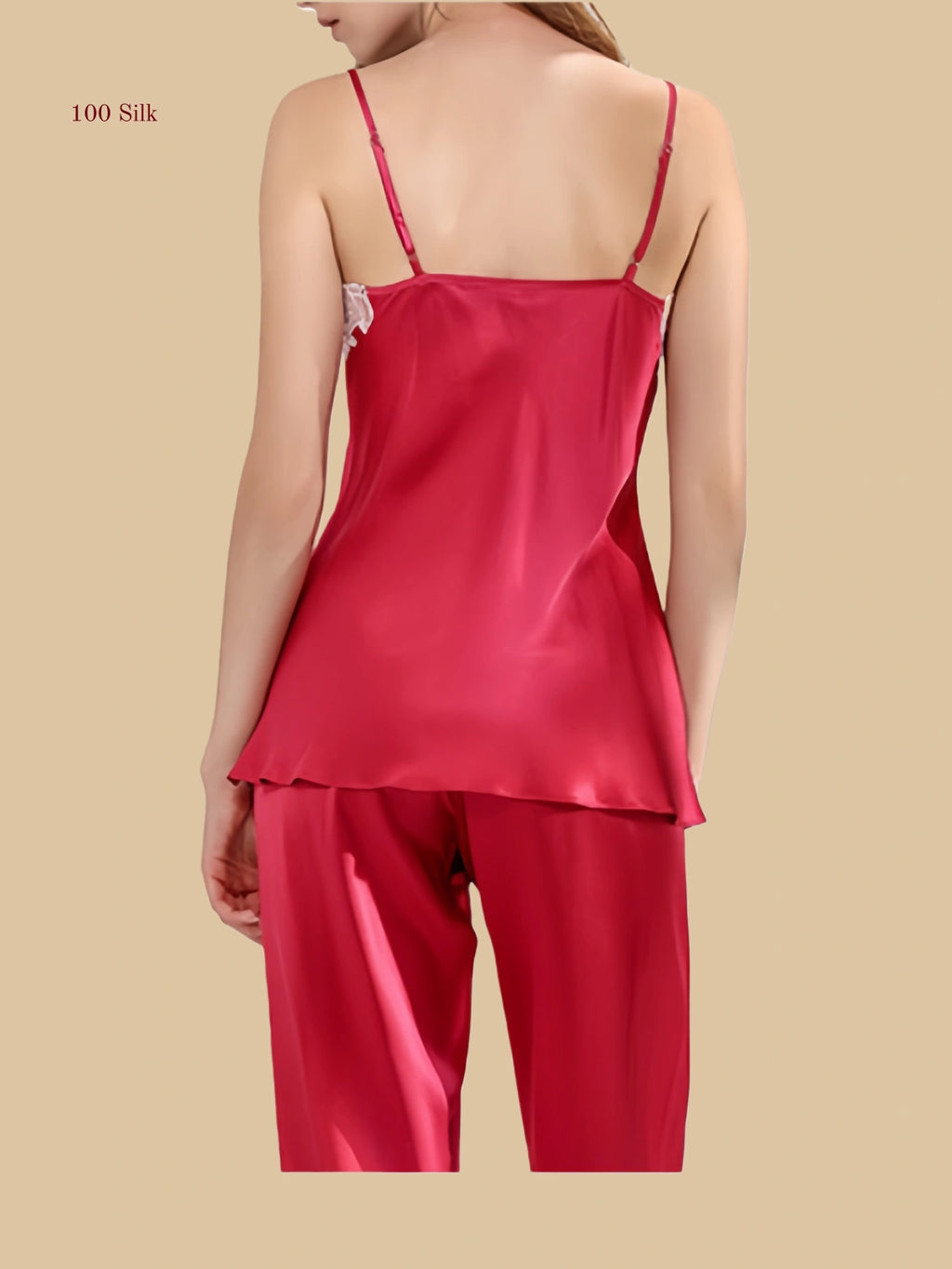 Red 19mm silk cami set back view with adjustable straps and smooth back camisole