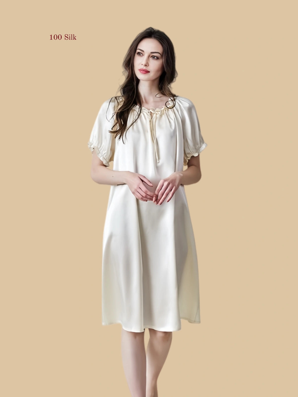 Creamy White 19mm silk sleep dress front view with ruffle neckline and short puff sleeves