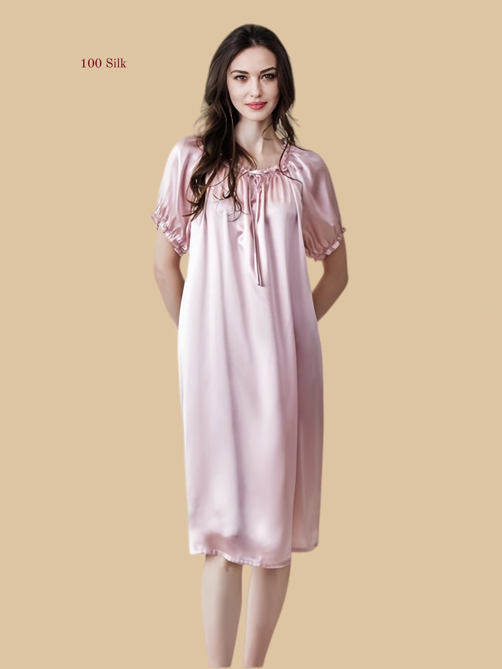 pink 19mm silk sleep dress front view with ruffle neckline and short puff sleeves