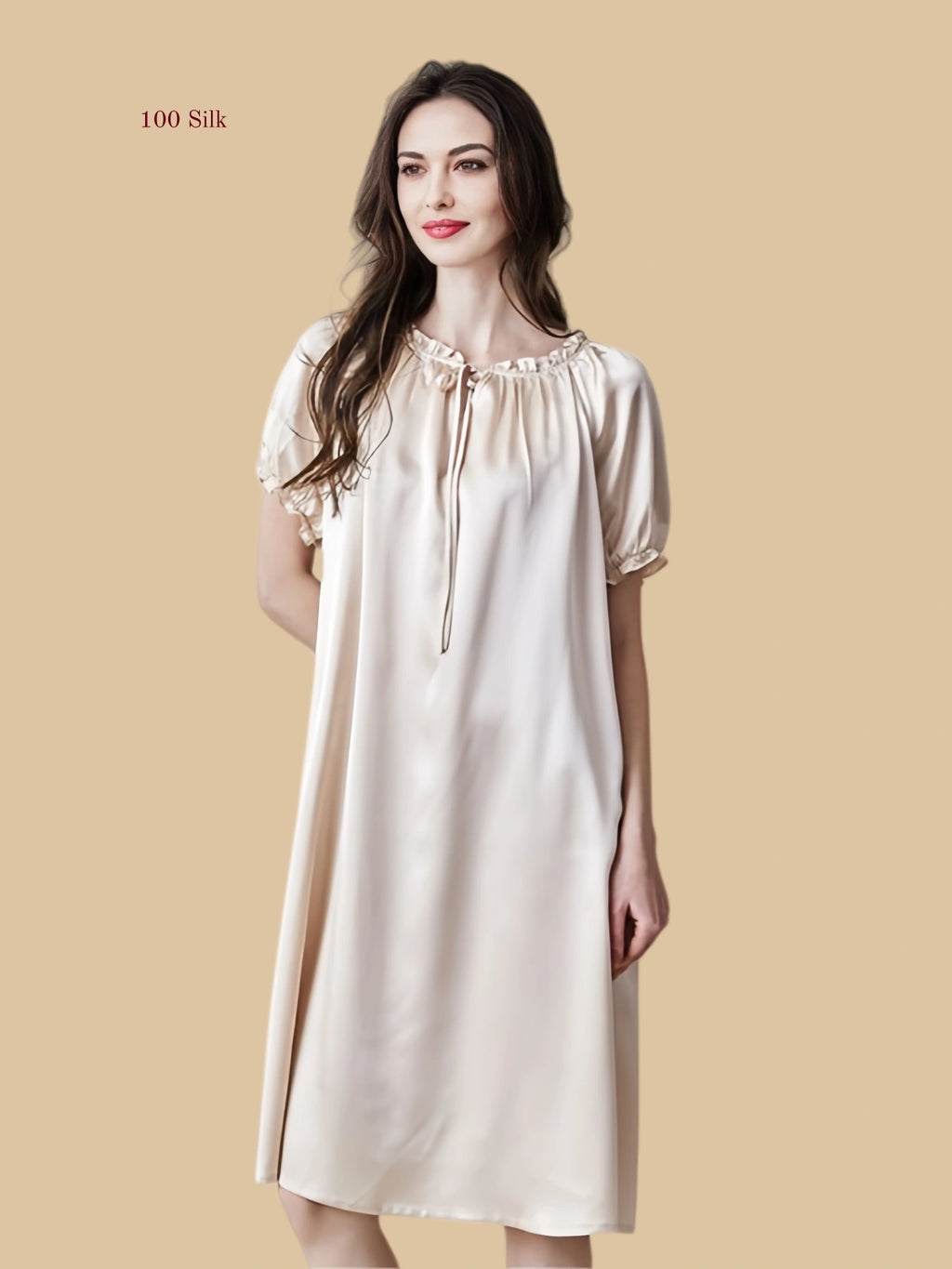 beige 19mm silk sleep dress front view with ruffle neckline and short puff sleeves