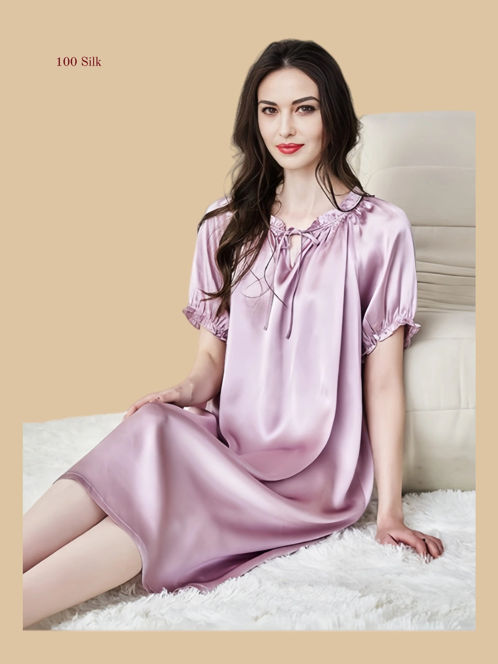 Purple 19mm silk sleep dress front view with gathered sleeve edges and fluid body line