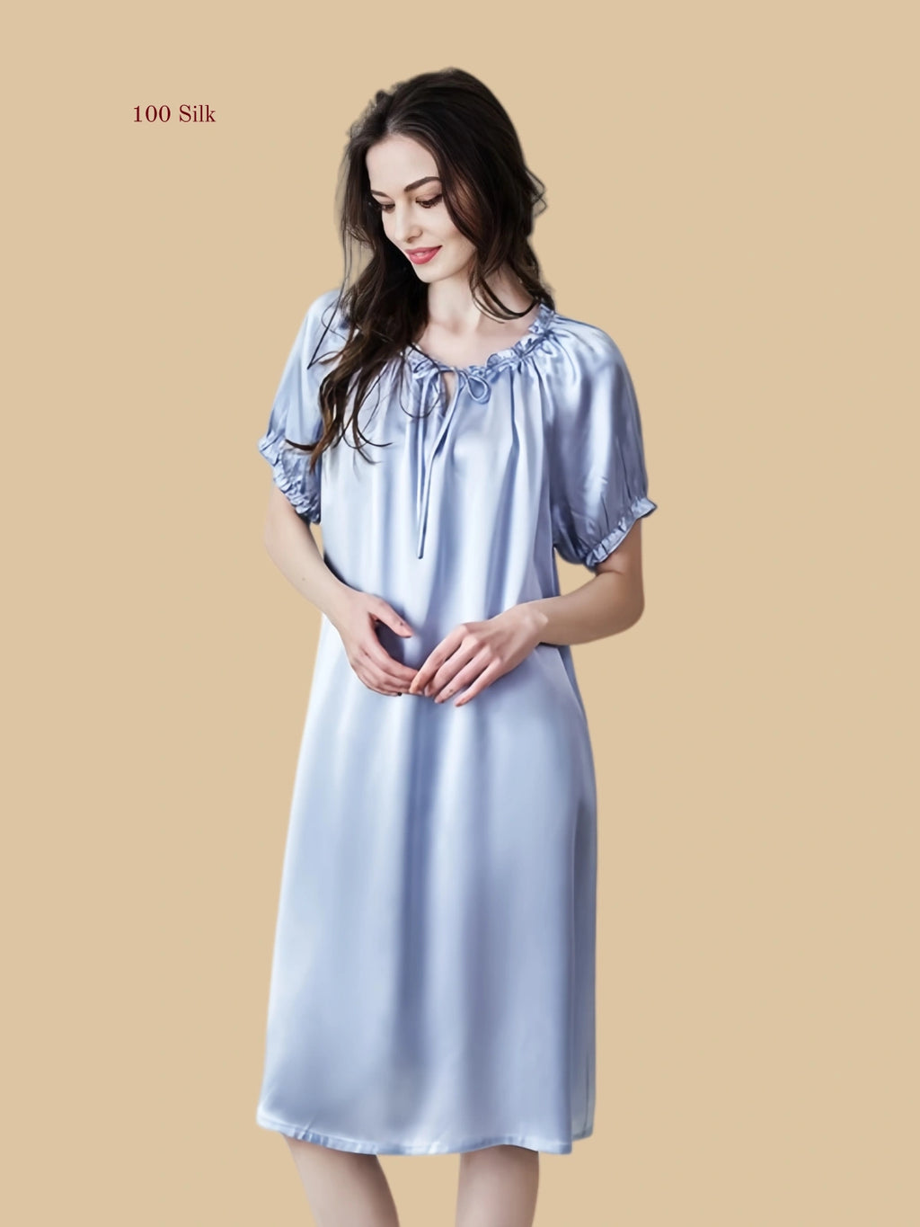 Blue 19mm silk sleep dress front view with ruffle neckline and short puff sleeves