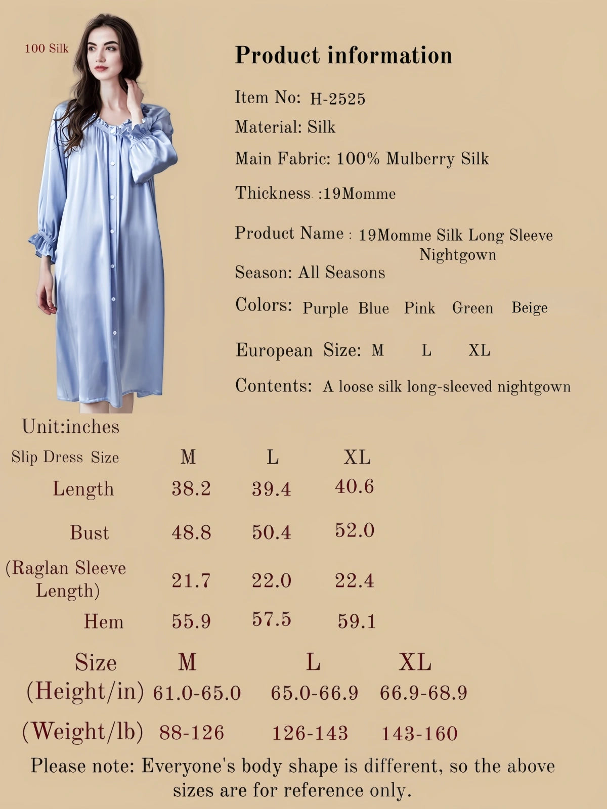 Size Chart and Two-Way Styling Guide for 19 Momme Silk Versatile Slip Dress | Silkgala