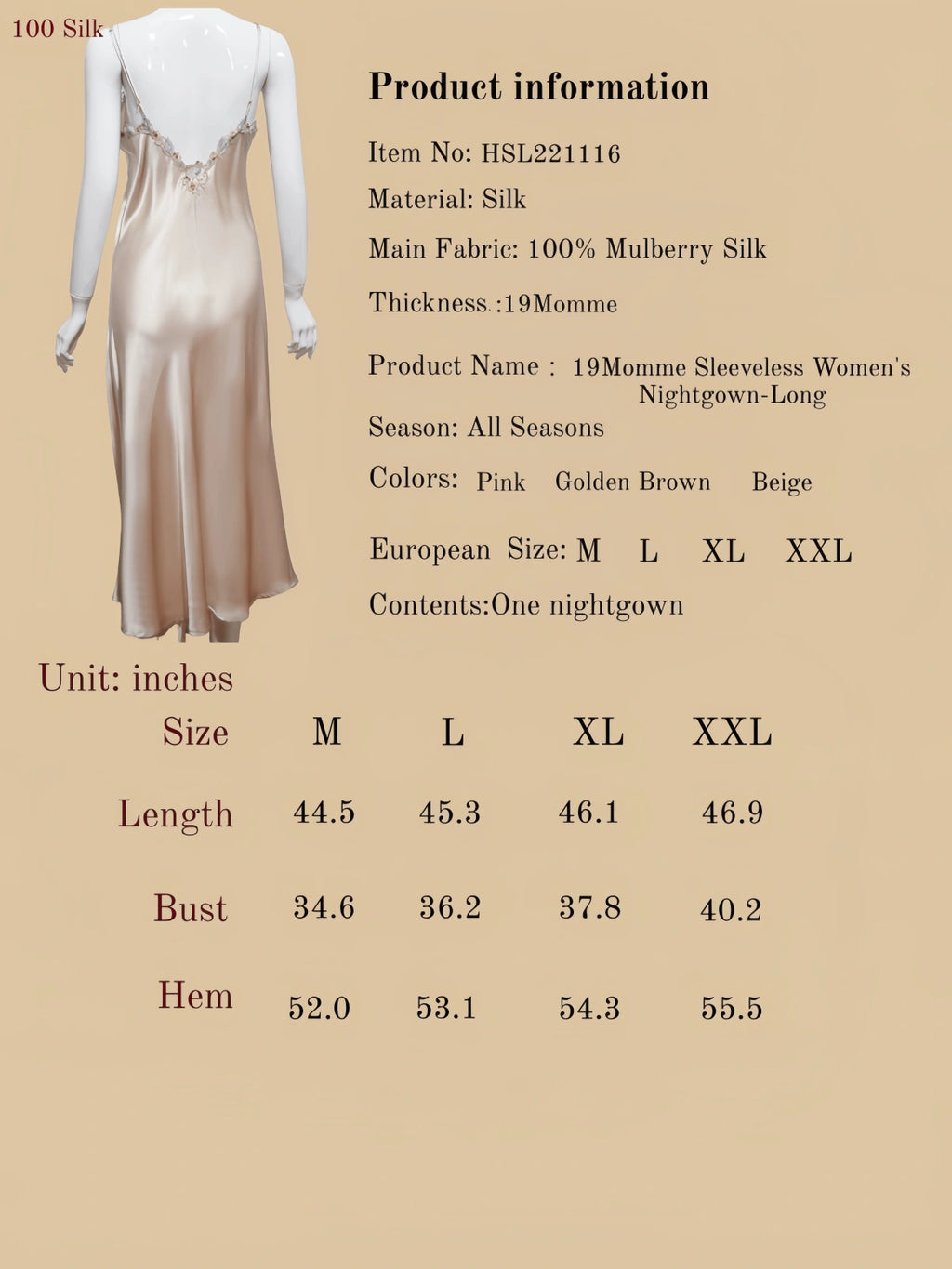 19Momme Sleeveless Women's Nightgown-Long