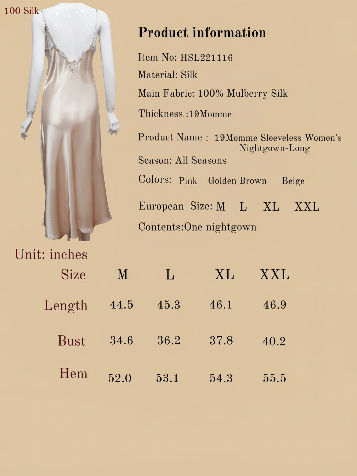 19Momme Sleeveless Women's Nightgown-Long