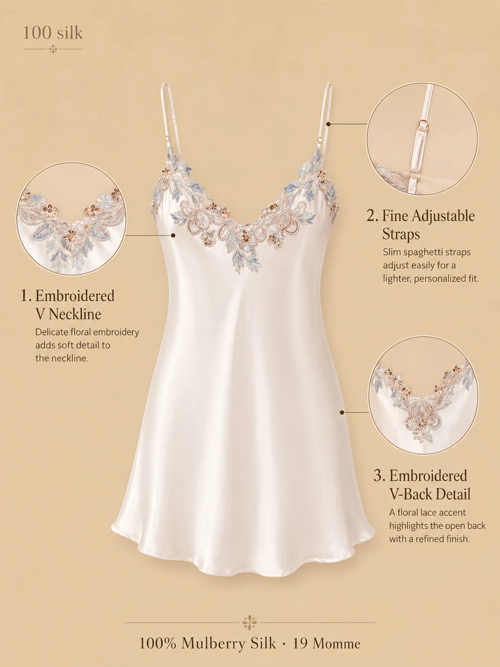 Silkgala 19 momme 100% mulberry silk sleeveless nightgown detail image showing an embroidered V neckline, fine adjustable spaghetti straps, and an embroidered V-back detail.