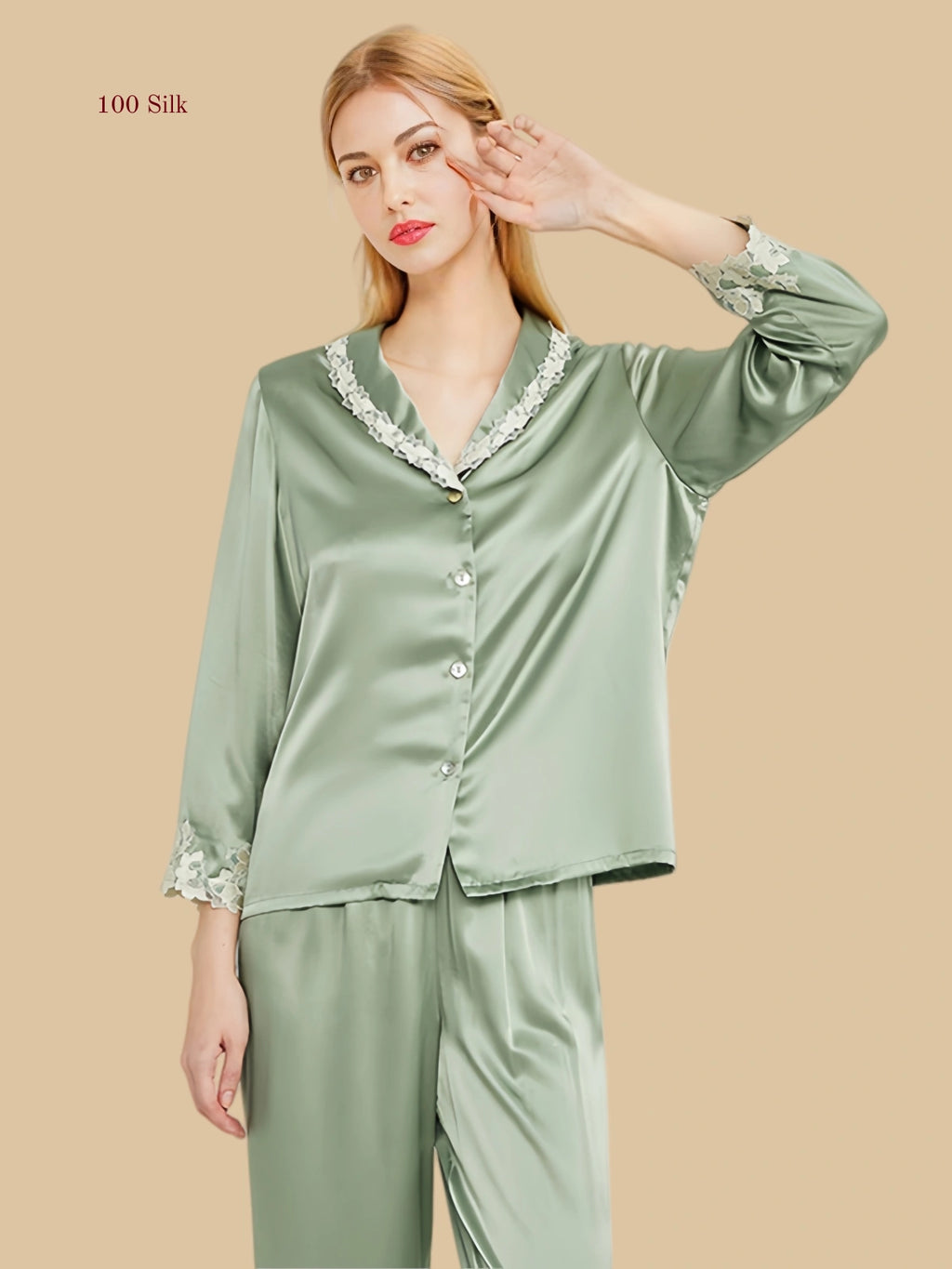 Green 19mm lace-trim pajama set front view with shawl V neck and lace cuffs