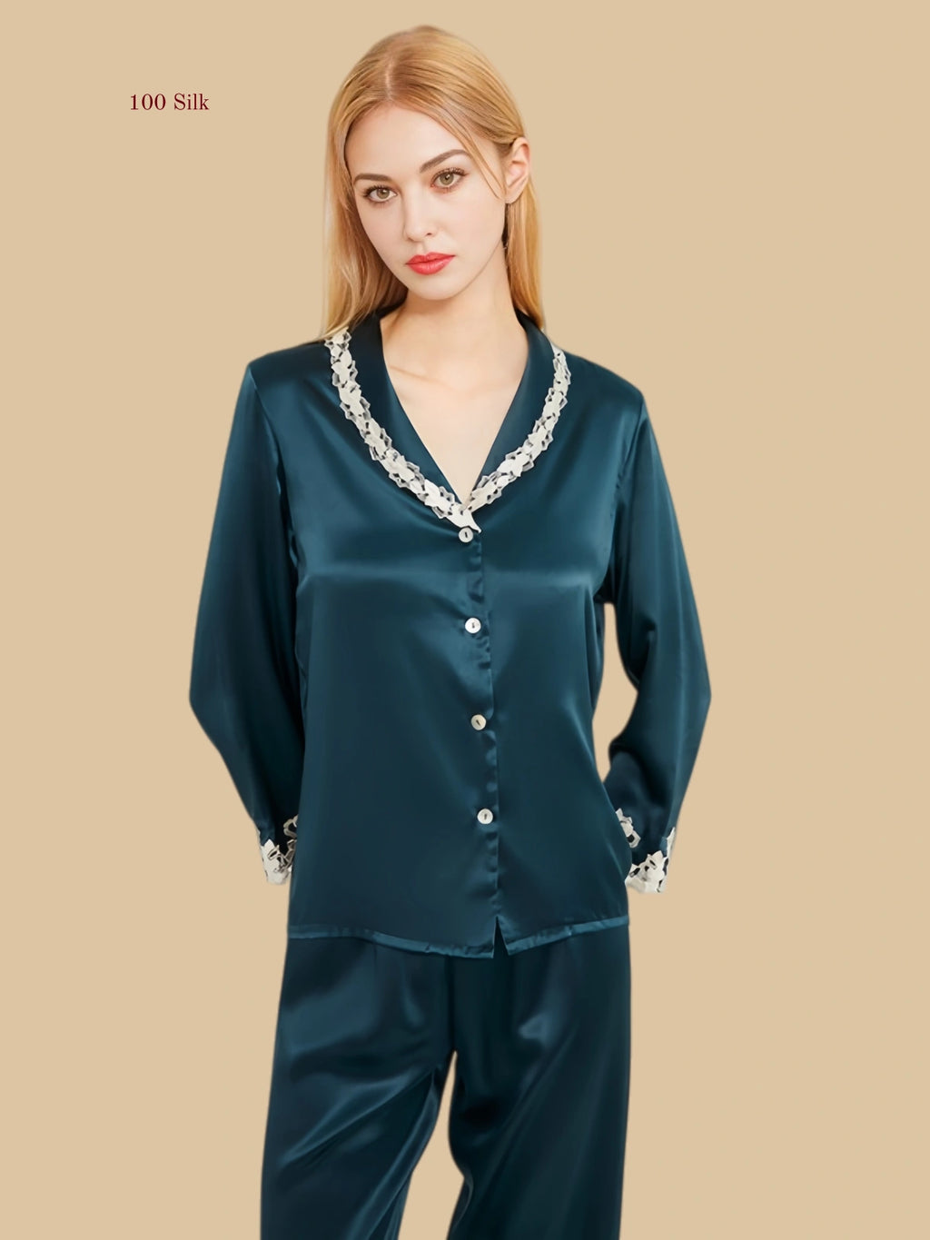 Blue 19mm lace-trim pajama set front view with shawl V neckline and full-length pants