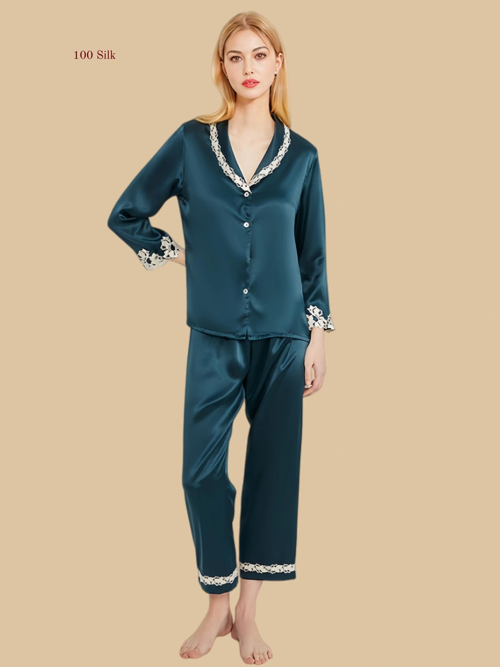 Blue 19mm lace-trim pajama set front view with shawl V neckline and full-length pants