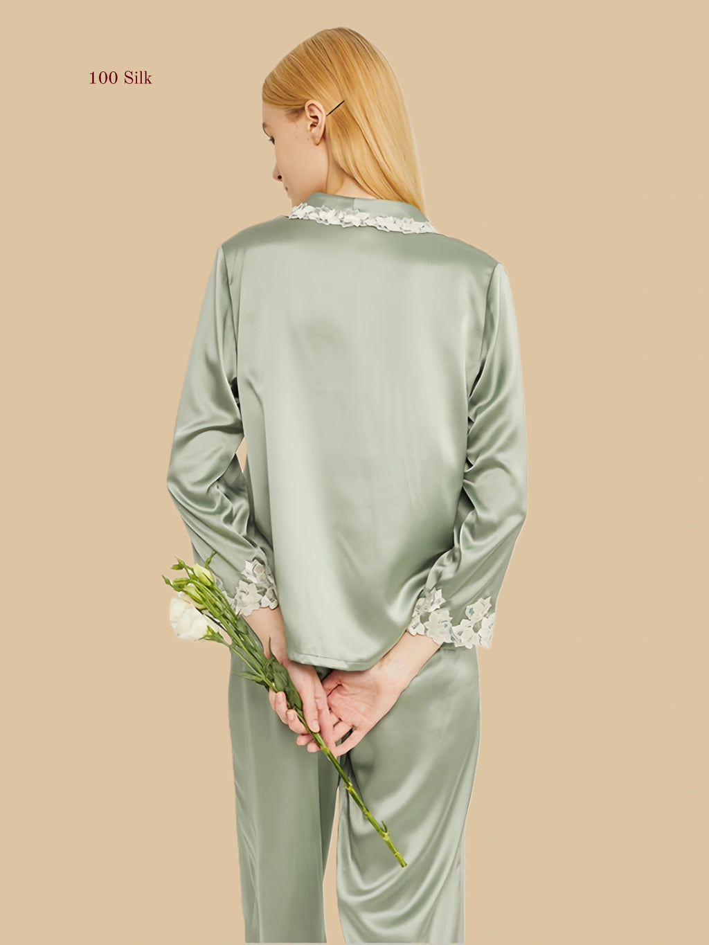 Green 19mm lace-trim pajama set back view with long sleeves and straight-leg pants