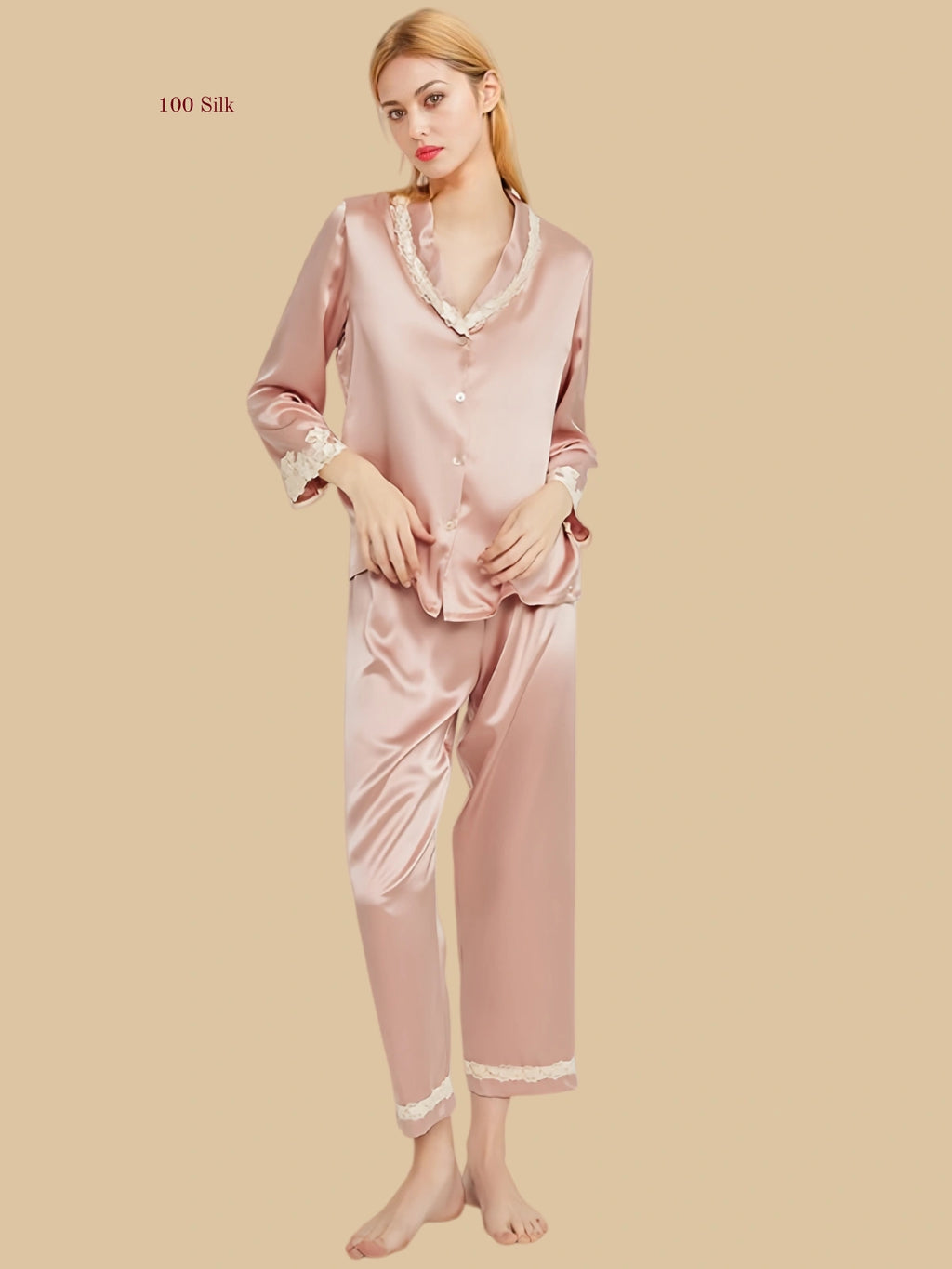 Pink 19mm lace-trim pajama set front view with lace-edged neckline and cuff detail
