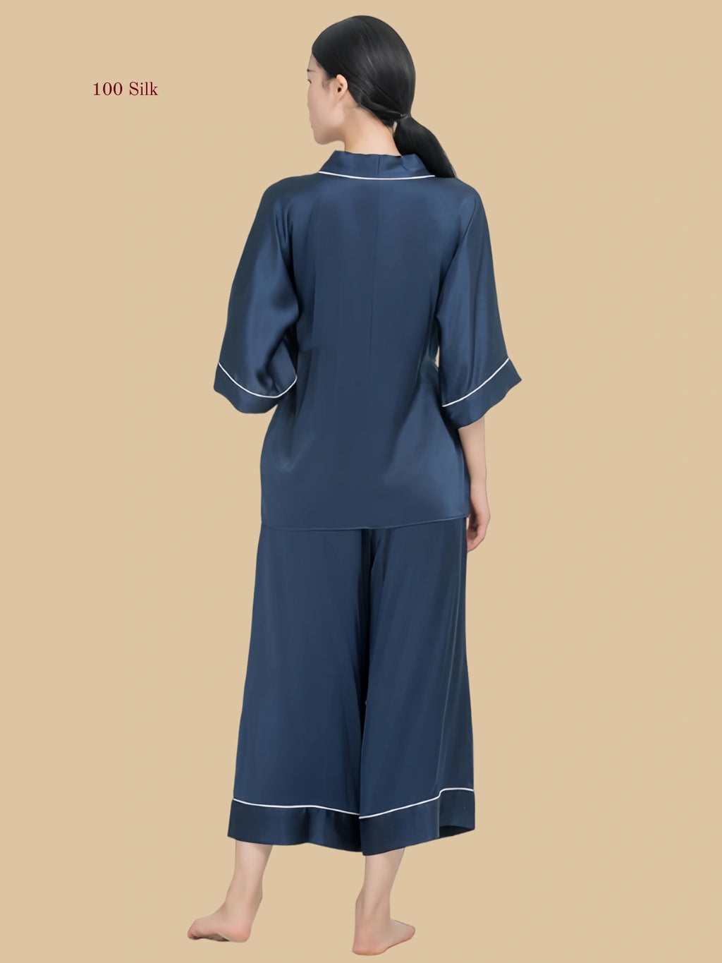 Rear view of the silk 3/4 sleeve lounge set showing the smooth, seamless 19mm silk drape