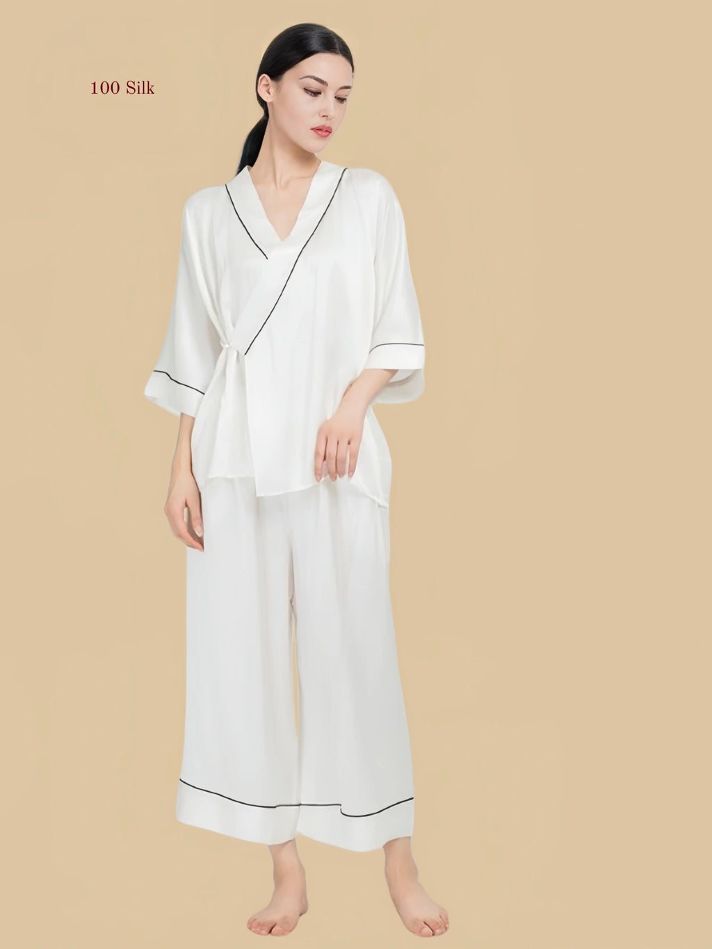  Silkgala 19mm minimalist silk 3/4 sleeve pajama set in White.