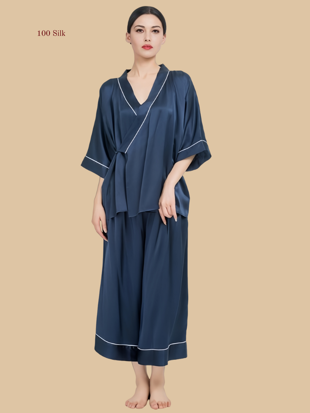 Main Collection Image: Silkgala 19mm minimalist silk 3/4 sleeve pajama set in Navy Blue.